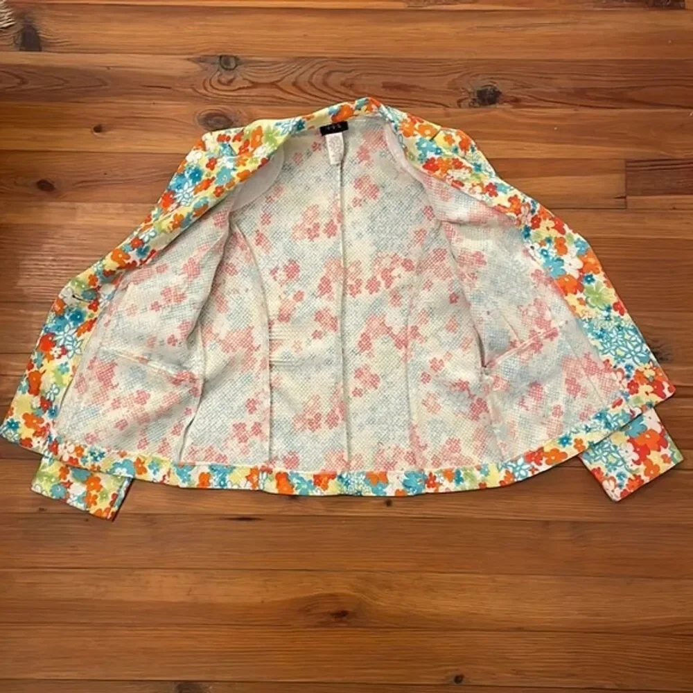 RQT Multicolor Floral Cotton Pique Blazer Jacket Womens Size 12 Vintage Blue - Picture 3 of 12